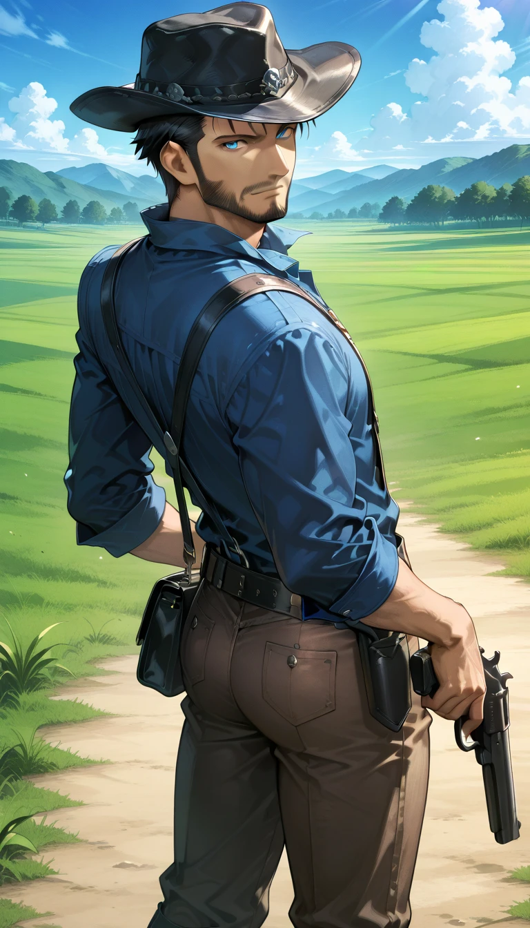 Score_9, Score_8, Score_7, Score_6, Score_5, Score_4, cid_t, (High quality anime art), (Middle-aged man, Handsome, beard, detailed face, blue eyes, sharp eyes, Solo), holding pistol, (black leather hat cowboy, western wear, blue shirt, brown jeans, black suspender, black satchel), (Grassland background, Monochromatic, black and white), cold expression, protagonist, (High angle shot: 1, Side view: 0.7, Turn back: 1), (Detailed color: 0.9, vibrant color:0.9, Dark Ambient: 0.7, Side lighting: 0.7), (Look at viewer: 1.3), (aesthetic pose).