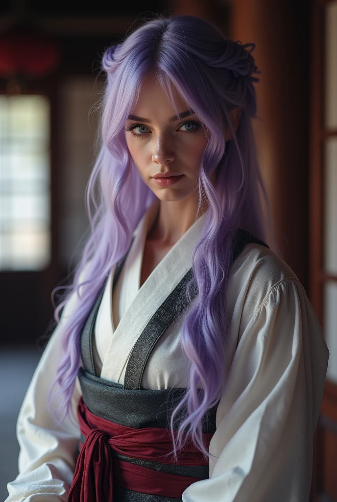 my albino appearance,olhos violeta, cabelos cacheados mais brancos que a neve, 18 anos de idade, a woman with visible muscles, roupa igual a do toge de jujutsu kaisen de tonalidade branca