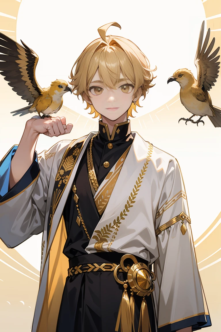  men,18 years old,Gold set,Bird's head jewelry on the arm, Sun, golden hair