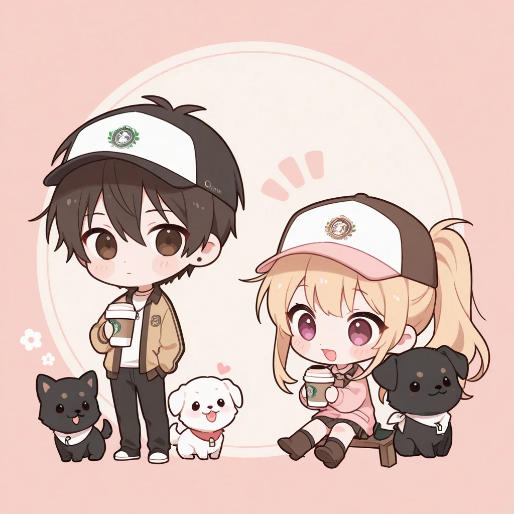 girl and boy, , ,chibi,cute,   puppy, , pastel, coffee shop