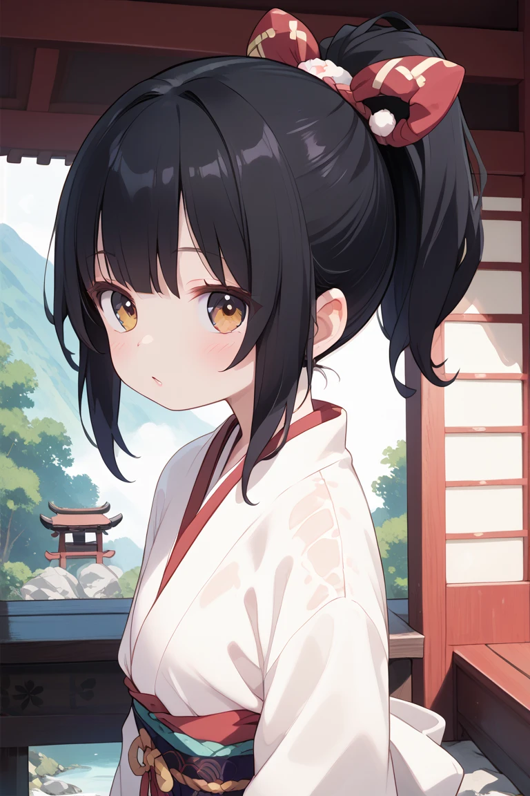 Shrine maiden、Messy black hair、 ponytail、Half-naked、Outdoor