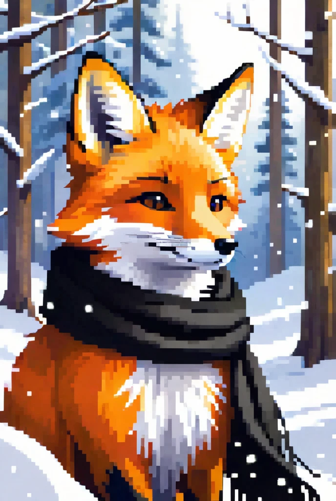 Fox with black scarf and snowy forest in the background 