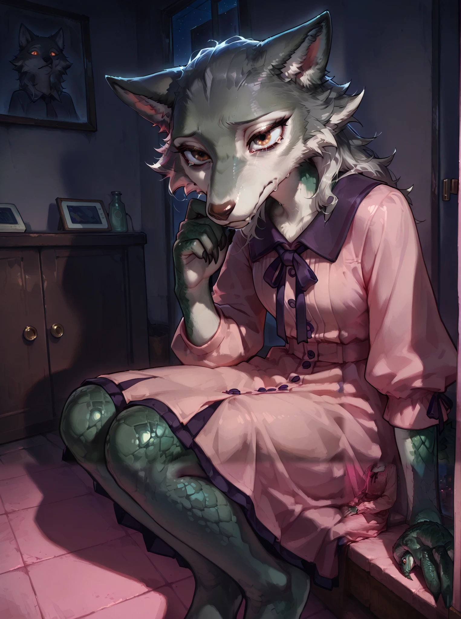 [char1="solo, thin girl, wear pink light_dress, seethrought school's skirt,anthro  grey wolf, (grey wolf and lizard hybrids), wolf with green scales, realistic scales, reptilian's scales, /(Leano:1.4, beastars/), brown eyes, detailed eyes, perfect fur texture, deep depression, (sad, cryes, tears), (face behind own knees)"] char1 sits down, dark bedroom's corner scenario, char1 is in front of closed bedroom's door, masterpiecce, sdxl, stabble diffusion, score_9, drammatic, dynamic, extreme angle, by pixelsketcher:0.5, night,  dark tone:1.5, obscured room, three quarters, sit_down_on _floor lora, aerial close,