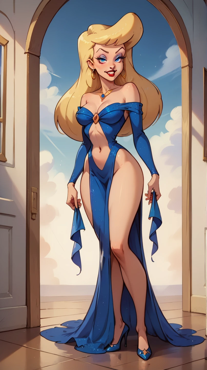 An extremely beautiful busty woman, with long silky golden blonde hair, blue colored eyes, extremamente super Ablaze, snow white, dazzling, impeccable, Ablaze, exuberante, pele branca e Ablaze, and thesis, a perfect, tight hourglass figure, a thick and fat ass, neckleace, and perfect hips, usando um transparent white micro bikini, yellow heels, a beautiful lovely smile on the lips, pink lips, pink nails, standing, gazing at viewer, show full body from head to toe.