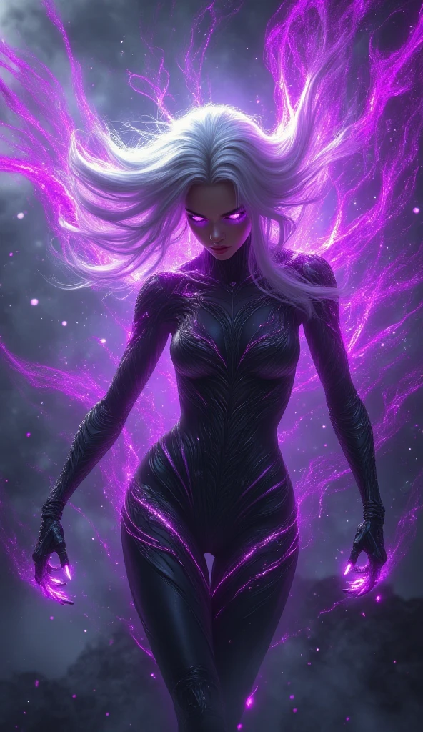 (A semirealistic omnipotent girl : 1.5),(super long white translucent hair with a pink highlight : 1.4), (hyper powerful),neon purple lines all over her body : 2.0),(( black aura emanating from her : 2.0)),(( dark mettalic claws with a purple lines glowing effect)),(purple aura flowing horizontally from the eyes : 1.3 )) , full body floating in air 3.1, (rage pose 1.2) , super dim backlighting :3.1 , ultra cinematic catastrophic background : 2.1( jdkfhrmcjc,,jd.d,!!)