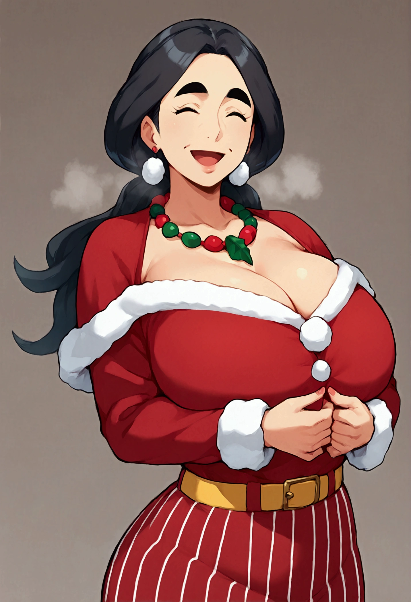 nsfw,milf,score_9, score_8_ up, score_7_ up,Drasna,  eyes closed , breast squeeze,Cleavage,steam,  black hair, mature woman,  necklace,  santa costume,upper body red , Yellow Belt, Vertical striped skirt,Long Sleeve,thick eyebrows,  One girl , alone, smile,  Big Breasts ,big ass,whole body, Whole body, Open mouth, cowboy shot