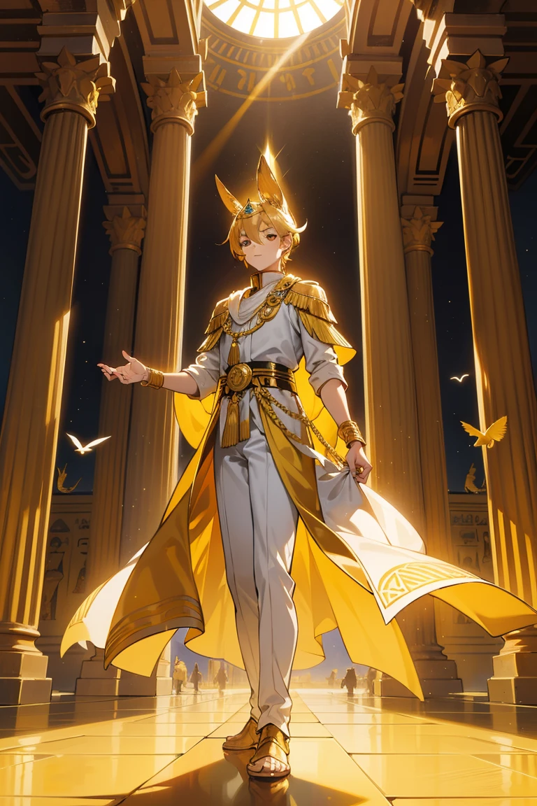  men,18 years old,Gold set,bird, Sun, golden hair,Full body,พื้นหลัง Sunสีส้ม,Pharaoh Costume,egyptian architecture background