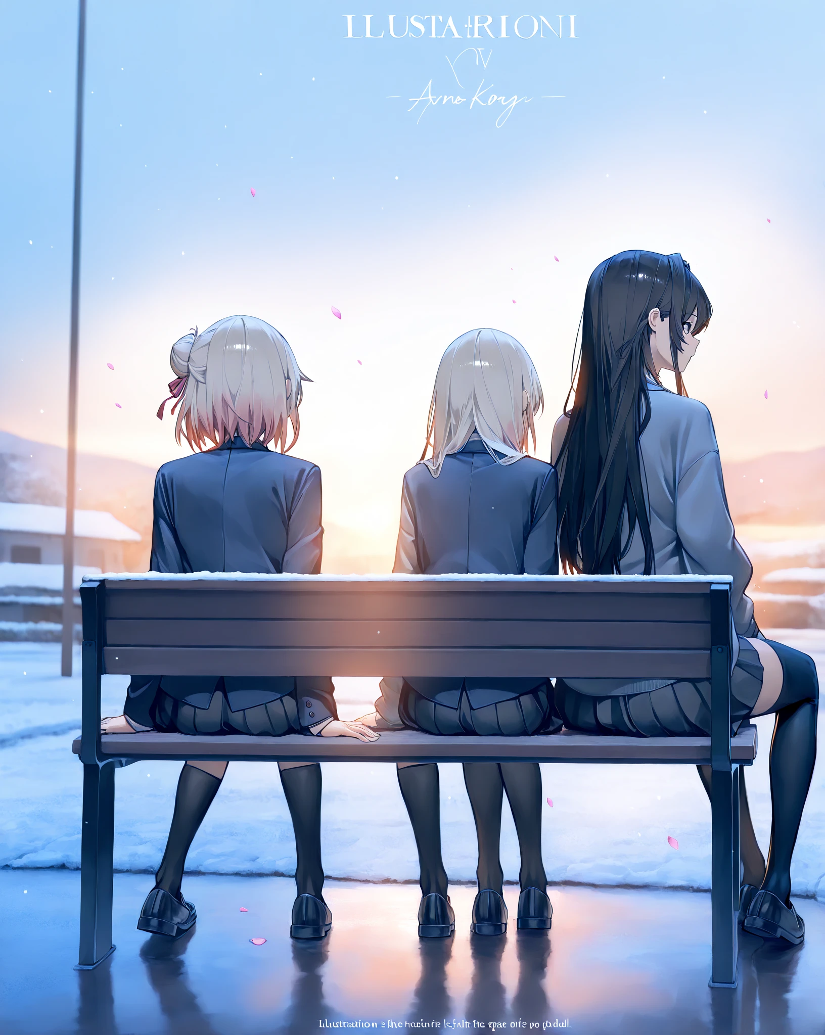 ((masterpiece))、((top quality))、a photo、realism、high-level image quality、ultra-detailedfull body photo, 2 girls sitting back to back on double benches, one girl is looking at the sky, the other girl is looking at the ground in front of her, it's snowing, sakura petals are floating in the air ,anime, illustration, masterpiece, best quality,warm lighting, fast shutter speed, anime, best hands,unique,illustration, masterpiece, best quality, warm lighting, fast shutter speed, masterpiece, best quality, score_9, score_8_up , score_7_up , she is , illustration, masterpiece, best quality, warm lighting, fast shutter speed,