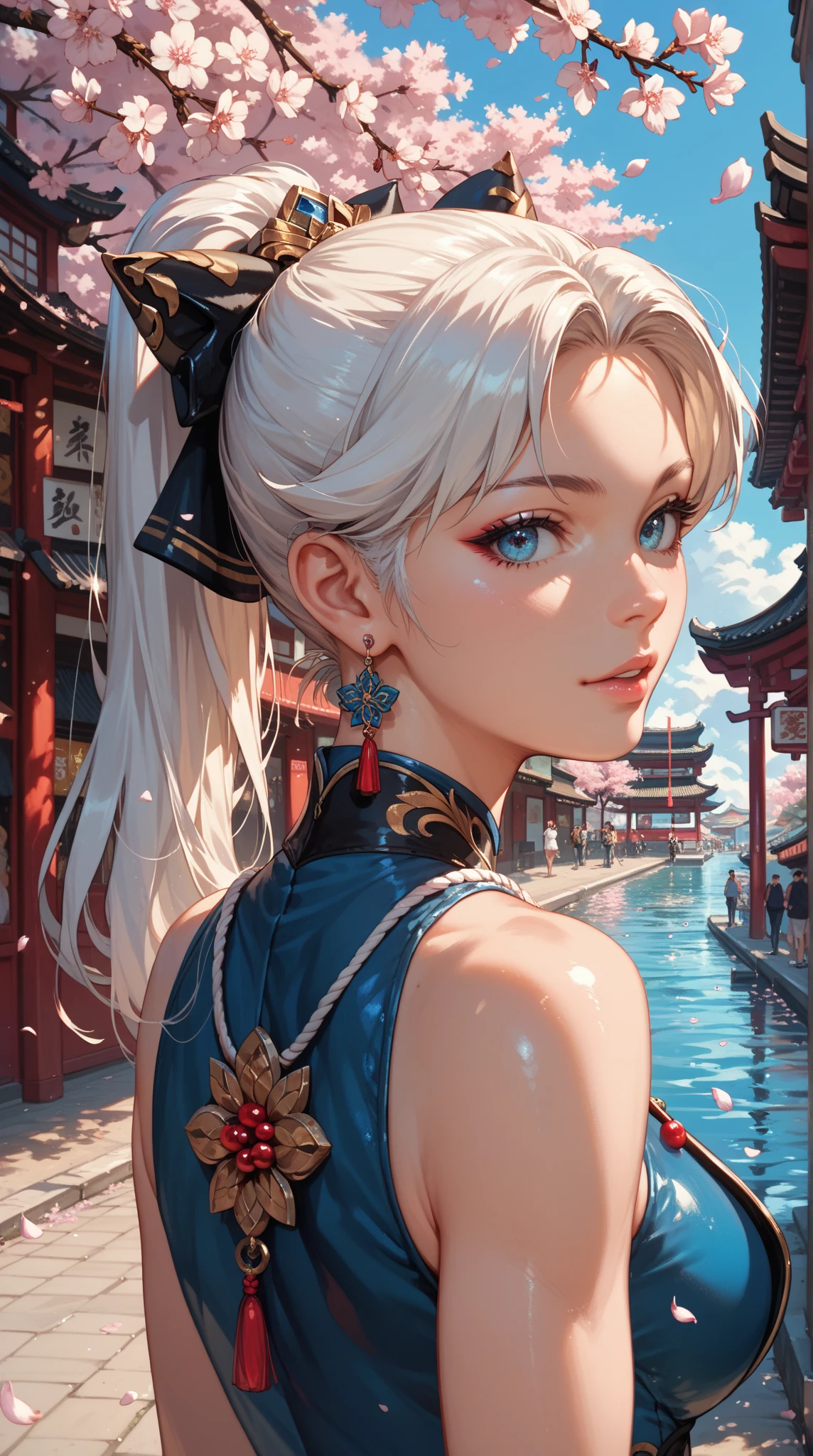  A beautiful anime girl standing on the street outside， Surrounded by cherry blossoms ， Eyes are water blue ， white ponytail ， Beast ears and black gloves ， looking at audience ，close-up，Skin shiny ， unique pendant 。