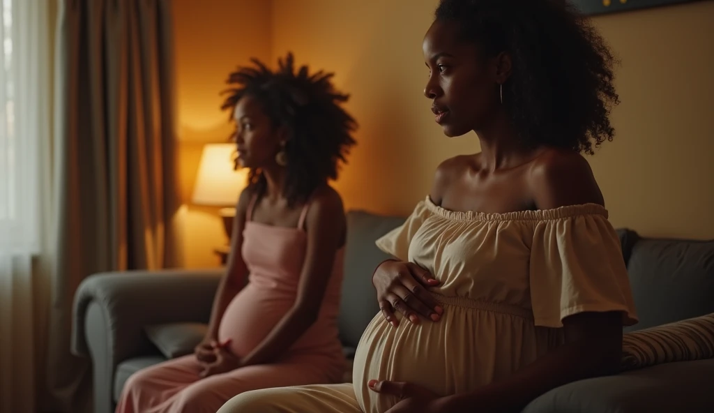 With them sitting in a couch with only one being pregnant ,Generate an image of a gorgeous black curvy skinny beautiful lady who is NOT PREGNANT having a conversation with a pregnant black beautiful lady in a luxurious living hall.