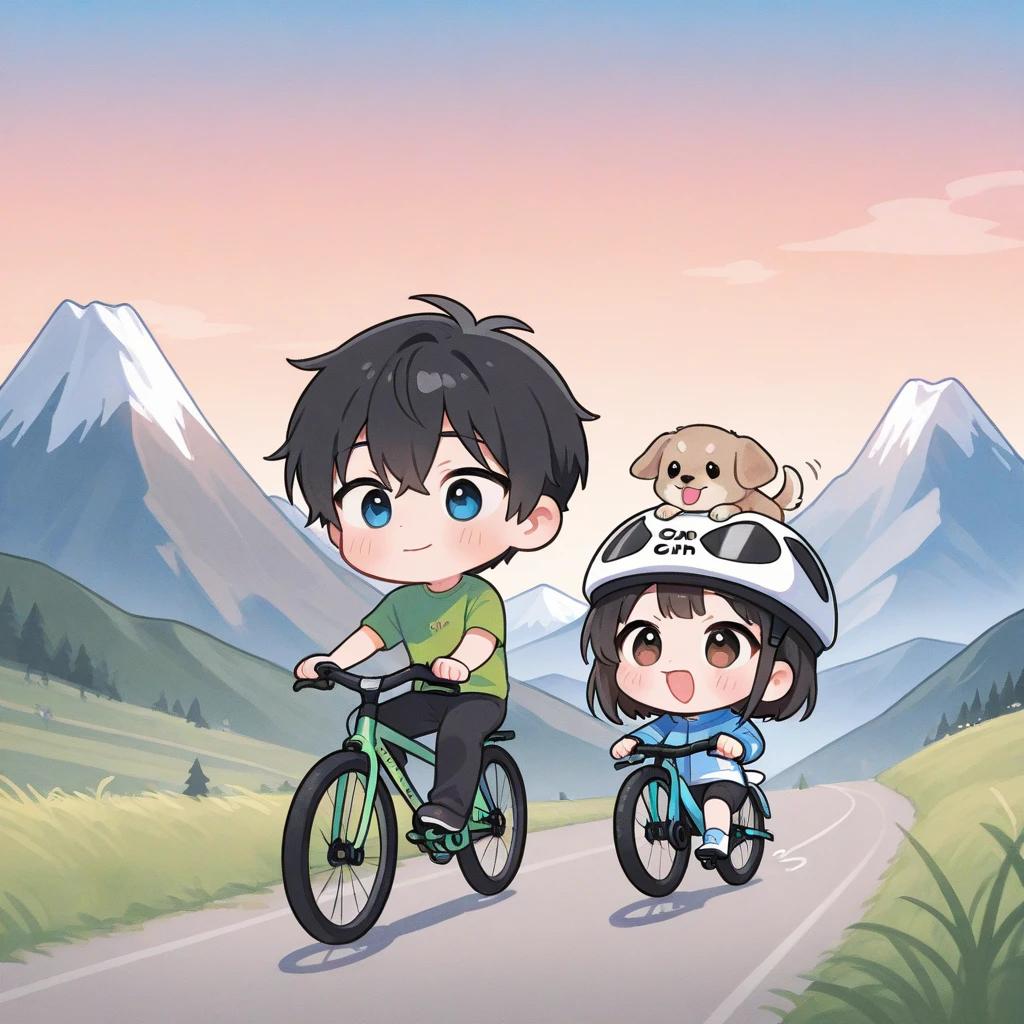 girl, boy, ,chibi,cute,   puppy, mountain , pastel, driving bicycle