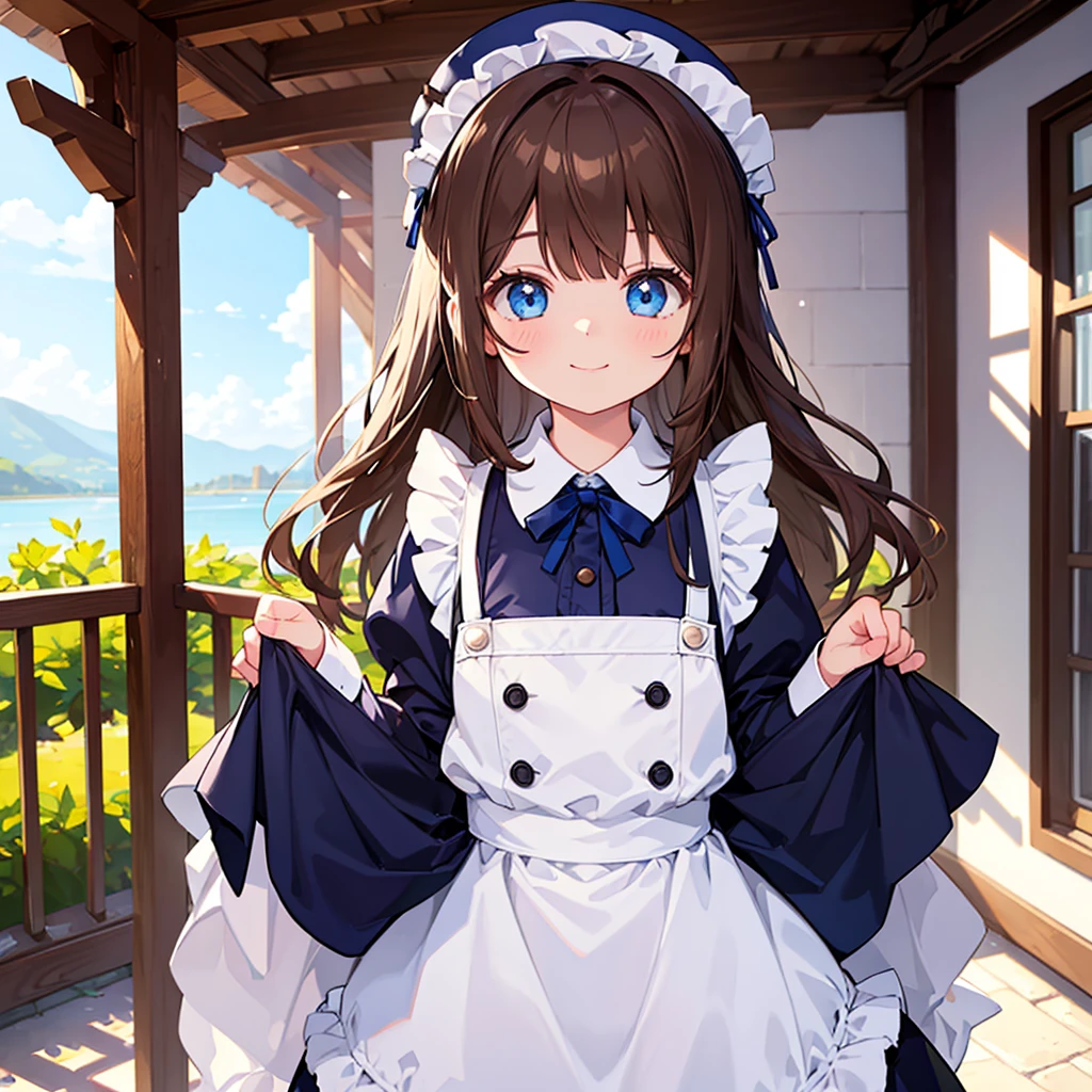  depth of field ,  1 girl,   light smile,   looking at viewer,  cute,    she's very tall ,  Detailed body, small tits,Daytime,  natural light, masterpiece,  top quality ,  great quality,   So Aesthetic , up to date,smile、Wear a hat、Brown Hair、Blue eyes、 maid clothes