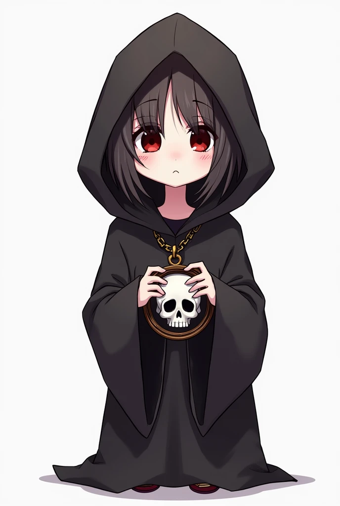 Photorealistic、Cute horror fantasy、Chibi Girl Doll（Devil Cosplay、Wicked Smile、Sagging under the eyes、Long eyebrows、Long nails、Orange eyes、Wear a long, big cloak） BREAK ,background(Musical notes around the doll, (dead tree:1.3), in the forest,shadow　the cardboard\(Bat,Skeleton,Crow\)\)