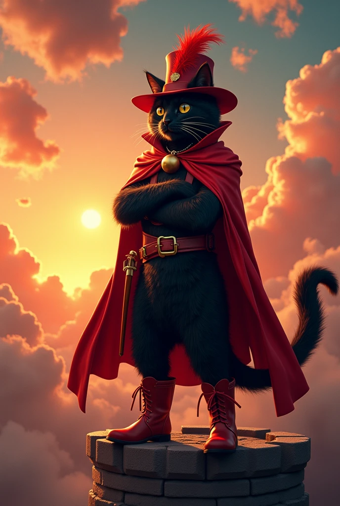 Animation, theme "red cloak and bells", black cat wearing a red cloak, black cat wearing boots and carrying a fencing epee sword on his waist, wearing a stylish hat with feathers, black cat with a golden bell around its neck, posing coolly on top of a castle tower, image from "Puss in Boots", sunset gives beautiful gradation to the clouds, surrealism, 8K quality, painterly