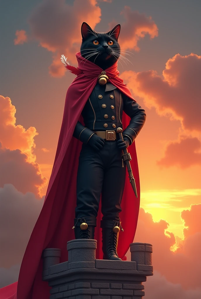 Animation, theme "red cloak and bells", black cat wearing a red cloak, black cat wearing boots and carrying a fencing epee sword on his waist, wearing a stylish hat with feathers, black cat with a golden bell around its neck, posing coolly on top of a castle tower, image from "Puss in Boots", sunset gives beautiful gradation to the clouds, surrealism, 8K quality, painterly