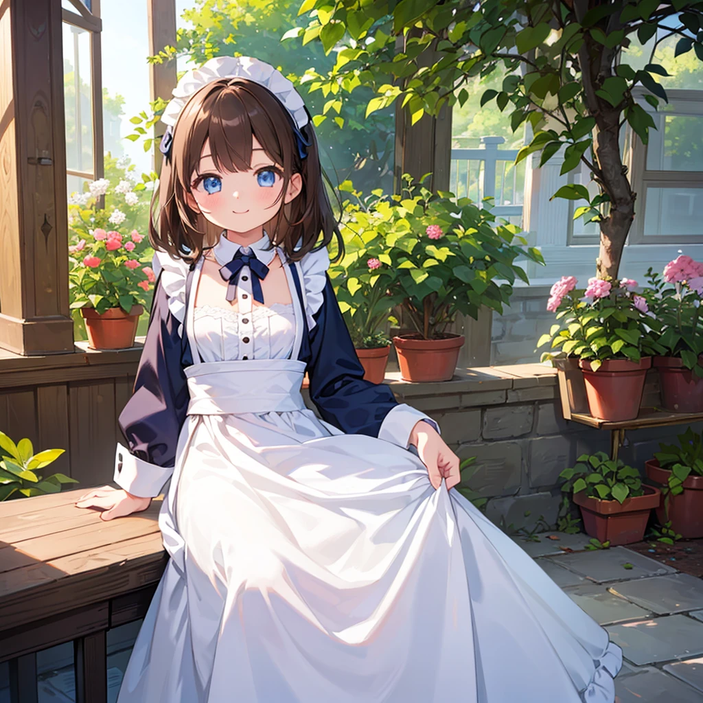  depth of field ,  1 girl,   light smile,   looking at viewer,  cute,    she's very tall ,  Detailed body, small tits,Daytime,  natural light, masterpiece,  top quality ,  great quality,   So Aesthetic , up to date,smile、Brown Hair、Blue eyes、 maid clothes