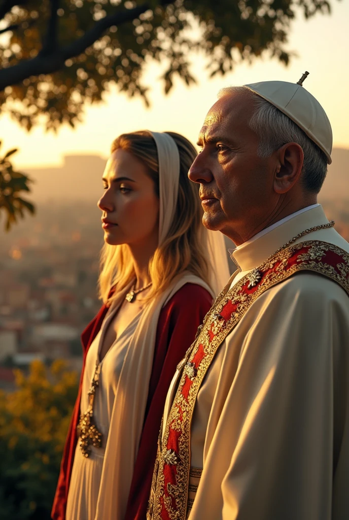 
Side view, 2 standing ,Roma Pope of Francis, standing pose,  Society of Jesus  87-age,  smile ,(White hair, serious,  metal cross), tiara, Catholics Pope wear, Scarlett Johansson, golden hair, middle hair, little diary face, serious, ancient Jewish wool rags wear, white see-through veil,  , before dawn, front fig tree , in Jerusalem, AM:6.00, (photographic, super high definition , retina, masterpiece, anatomically correct, Accurate, textured skin, super detailed, High Details , High Quality , High Quality , high definition , 8k))