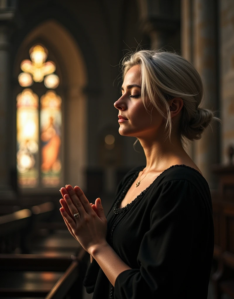 A unique masterpiece of film photography, with ultra-realistic reproduction of every detail. ((Anatomically perfect and accurate body depiction: 1.6)), (Elegant and minimal makeup: 1.6), (Silver-haired woman praying on Christmas Eve: 1.7), Solo, (Fantastic space of light and shadow: 1.5), (Prayer for world peace and a world filled with smiles and mercy: 1.7), (Prayer for hot meals, education and smiles for children: 1.7), (Prayer for work and love for young people), (Solemn and sacred space: 1.7), (Figure of a praying woman: 1.7), (Light falling on the woman, forming beautiful shadows: 1.7), (Fantastic work combining artistic light, shadow and woman on Christmas Eve)