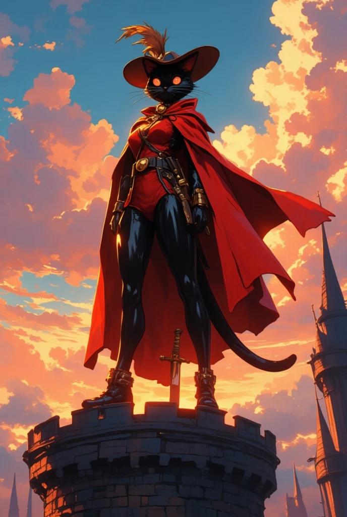 Animation, theme "red cloak and bells", black cat wearing a red cloak, black cat wearing boots and carrying a fencing epee sword on his waist, wearing a stylish hat with feathers, black cat with a golden bell around its neck, posing coolly on top of a castle tower, image from "Puss in Boots", sunset gives beautiful gradation to the clouds, surrealism, 8K quality, painterly