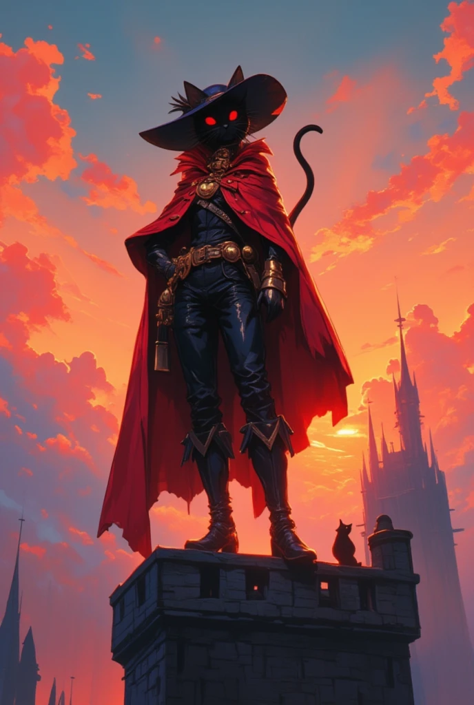 Animation, theme "red cloak and bells", black cat wearing a red cloak, black cat wearing boots and carrying a fencing epee sword on his waist, wearing a stylish hat with feathers, black cat with a golden bell around its neck, posing coolly on top of a castle tower, image from "Puss in Boots", sunset gives beautiful gradation to the clouds, surrealism, 8K quality, painterly