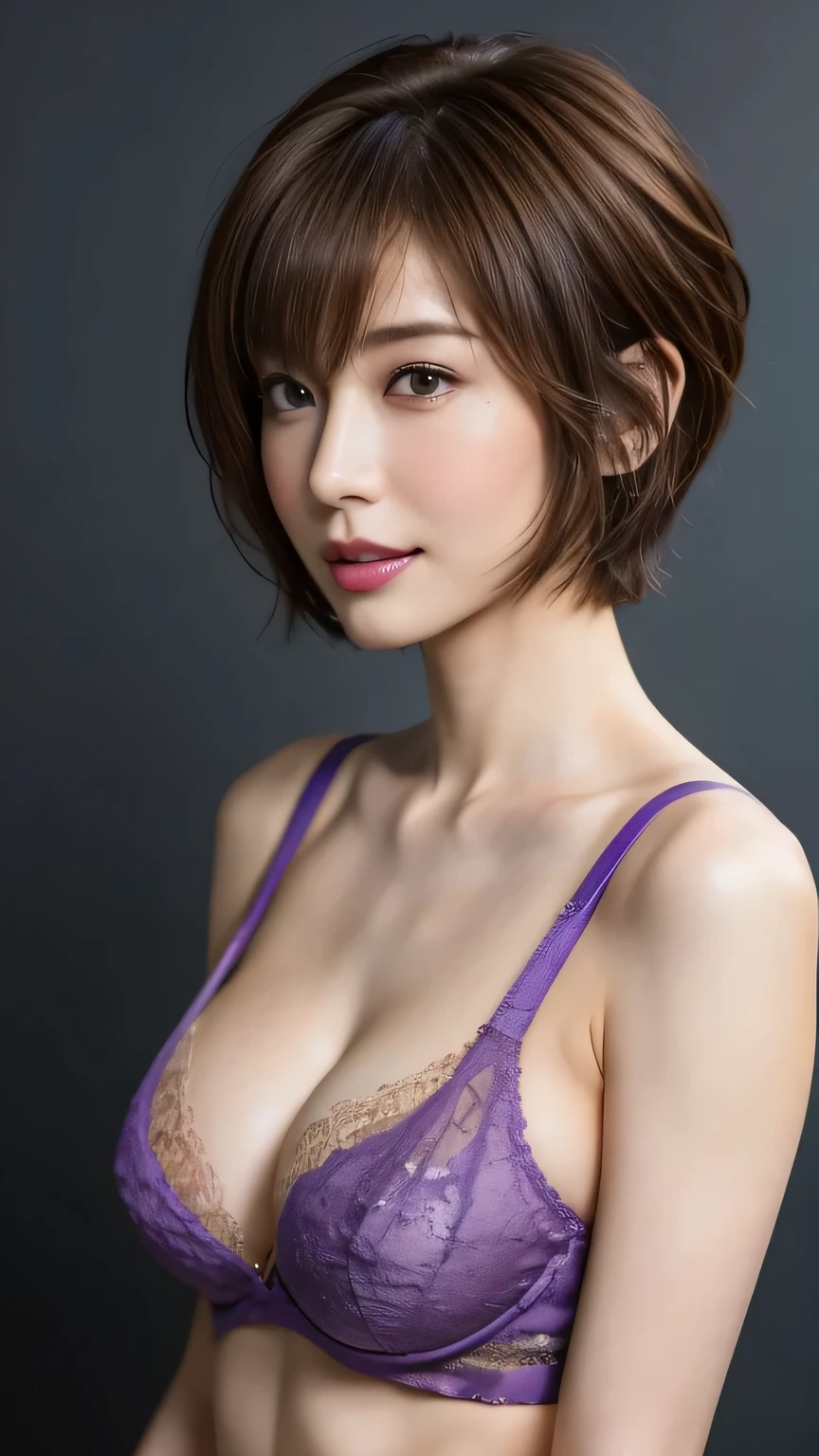 (8k、 photorealistic:1.3、 Original photo、 top quality :1.2)、( women with super skinny bodies:1.4)、Beautiful appearance、((Light brown hair 、 pixie cut 、Cecil Cut、 asymmetry、 disheveled super short hair:1.2))、 realistic brown eyes wrapping sheets around the body、 Beautiful details 、(Beautiful Makeup)（ Realistic Skin）、((purple shiny lace bra :1.3)）、 charming、 fresh smile 、 super A high resolution、 super realistic、 high detail、( Chest to Head )、( professional cool writing:1.2)、 simple dark wall background、 standing、 from the side