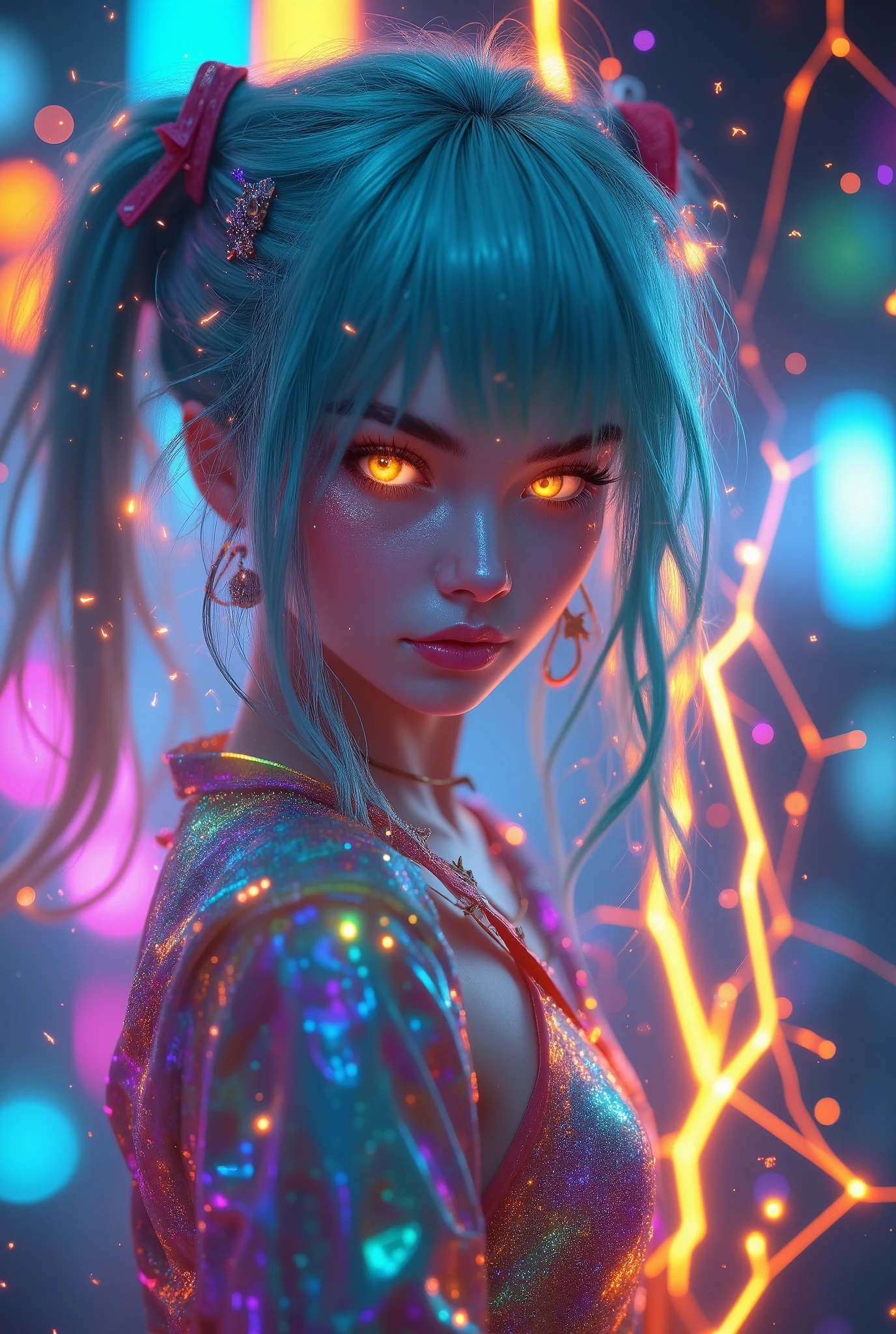 a photorealistic girl who can use lightning magic with spreading smooth super long layered sea blue-green translucent hair, and neon glowing yellow flashy eyes, there are ultra defined rainbowlucent lightning strikes in the background with a cinematic lighting,she is wearing street dancing multicolored  clothes with   ,  there is an energetic look on her face and a cute smile on her face, standing in an energetic pose, , ecstatic neckline and jawline,(pale white skin with redness) , ( aura emenating around her),solo leveling manhwa art style,highly defined and high resolution 8k