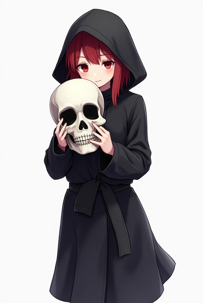 Black skull with hood covering its head red eyes giving like