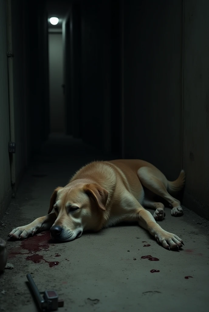 Create a sad and crying dog, bleeding in the leg, There were some people holding knives nearby.