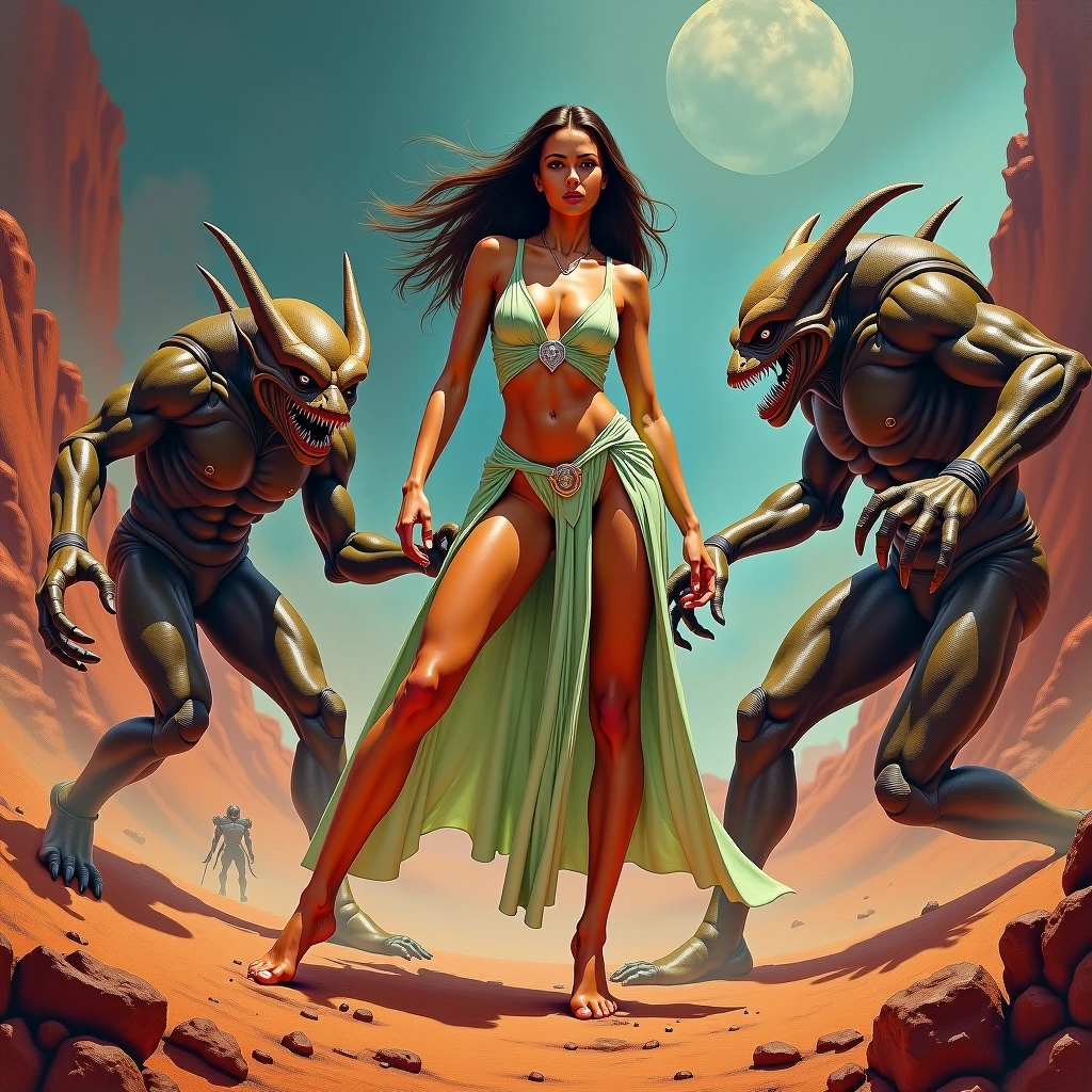alien landscape with giant monsters, the foreground, a sexy girl with slender hips, slender hips, slender hips,medium breasts, in a long sheer gown cut in slits up to her hips, low cut between her breasts to her navel, long flowing hair, cleavage, brightly colored monsters, tentacled beasts, dinosaurs, very bright contrasting colors, bright colors, she is a goddess, a goddess,