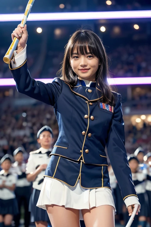 ＲＡＷ  color photo  ，８Ｋ，( photorealistic), (Ultra Realistic ), ( super high res), ( super high detail),  top quality 、4K Quality 1 Beautiful Girl 、((( Beautiful Girl Wearing Marching Band Uniform))),（(( Beautiful Girl Has an Idol Face 、Very small face、Beautiful figure、 slender、 very cute:1.5）,　(((Beautiful Girl Is Slim )))、 , bangs,  black hair,  brown eyes, Cute smile,　They are marching while spinning the baton on the stage、 full body shot、 Flip-Up Skirt 、 punch、White panties are visible