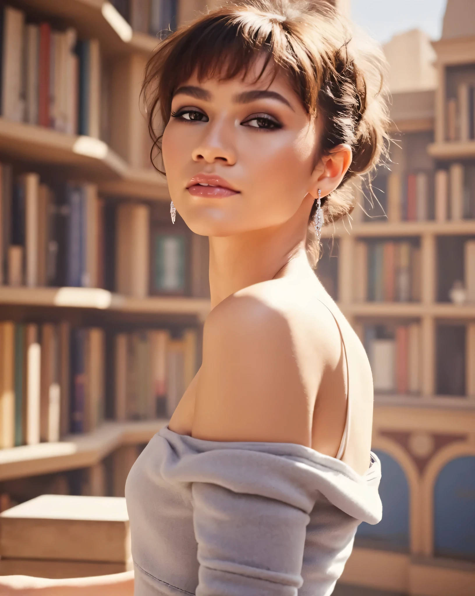 High res waist up portrait photo of a woman directly facing the camera with eye-makeup featuring glittery eye-shadow and clear glossy lip-gloss. a slight seductive look.