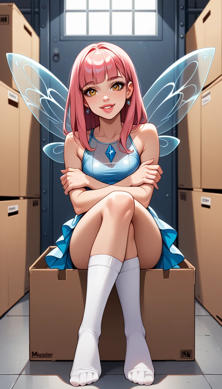 1 woman , Alone, extreme detail,   masterpiece  ,   best quality , beautiful,   high resolution image  ,  review_explicit,  malevolent smile  ,  Half-open lips expression  , yellow eye,  smooth pink hair with straight bangs ,     white skin   ,  Sexy blue fairy costume ,  long white socks ,   thick legs  , transparent wings, ,sitting on a box, in a warehouse, crossed arms ,leg view 