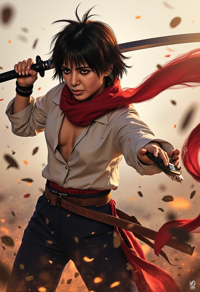 short hair , red scarf , wearing shirt and pant , readying to fight in a battle with sword against monsters with small sword , and had some blood and cuts on her , messy hair , raging eyes , with katana