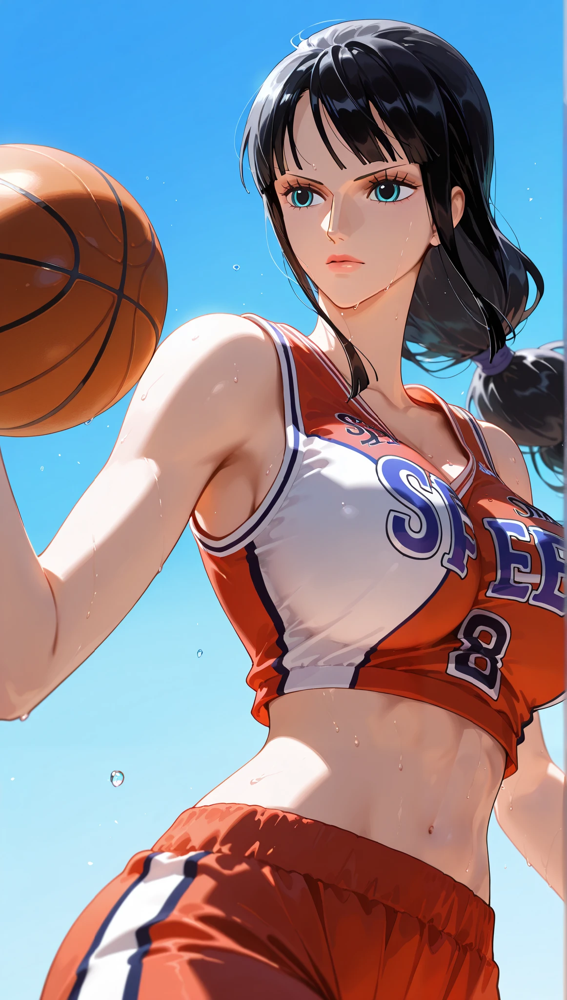 1girl, 25 years old, tomboy, ((Thick body:0.8)), (Plump:1.0), posing arrogantly to viewer, beautiful arrogant face, (solo:1), pov, basketball court, ((outdoor)), 3/4 body, hot pants, strapless sport bra, tiny breasts, sweaty, exposed navel and lower belly,