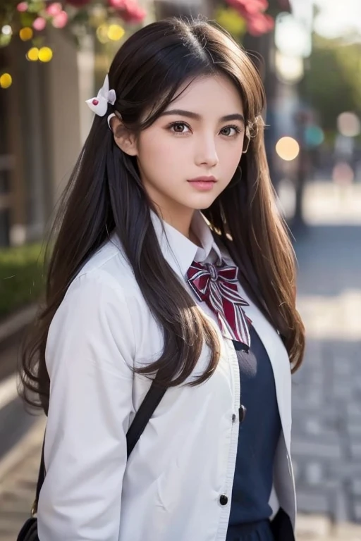   Brownish Black Hair  ,  dark eyes,  white skin,  face like a goose egg , atmospheric facial features ,  tall , Confident、Powerful,  toned and plump,  high school girl,  school uniform, Curly Hair, Hair Bun, With hairpin, Red Rose, Blue Butterfly, White Rabbit,  sign, Official Quality,  mysterious in another dimension, Light and Dark,  correct ratio, aesthetics,  vibe,