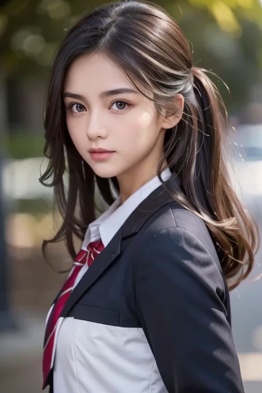   Brownish Black Hair  ,  dark eyes,  white skin,  face like a goose egg , atmospheric facial features ,  tall , Confident、Powerful,  toned and plump,  high school girl,  school uniform, Curly Hair, Hair Bun, With hairpin, Red Rose, Blue Butterfly, White Rabbit,  sign, Official Quality,  mysterious in another dimension, Light and Dark,  correct ratio, aesthetics,  vibe,