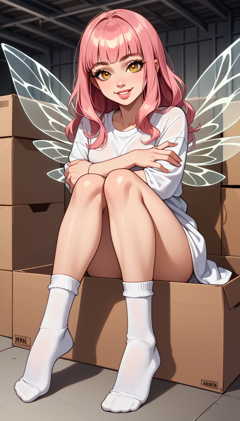 1 woman , Alone, extreme detail,   masterpiece  ,   best quality , beautiful,   high resolution image  ,  review_explicit,  malevolent smile  ,  Expression half-open lips  , yellow eye, straight pink hair with straight bangs  ,     white skin   , Sexy yellow fairy costume,  long white socks ,   thick legs  , transparent wings, ,sitting on a box, in a warehouse, crossed arms , open legs  