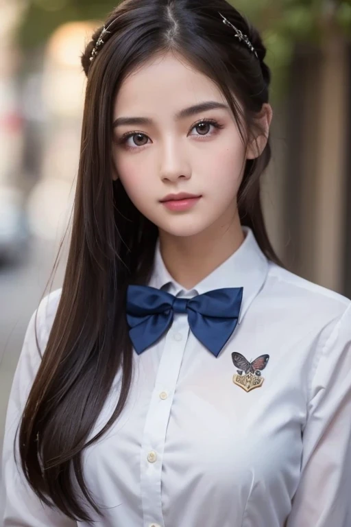   Brownish Black Hair  ,  dark eyes,  white skin,  face like a goose egg , atmospheric facial features ,  tall , Confident、Powerful,  toned and plump,  high school girl,  school uniform, Curly Hair, Hair Bun, With hairpin, Red Rose, Blue Butterfly, White Rabbit,  sign, Official Quality,  mysterious in another dimension, Light and Dark,  correct ratio, aesthetics,  vibe,