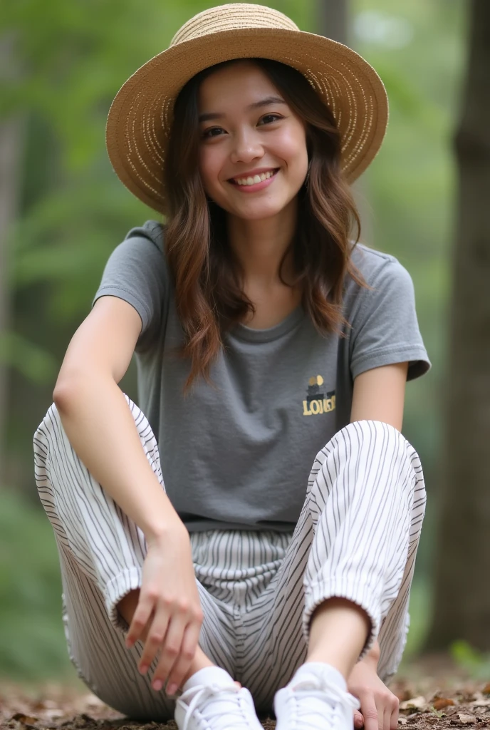 A portrait of a 17-year-old Persian girl with long straight brown hair wearing a yellow Hello Kitty nightgown and a white cardigan.,sitting on a chair on the edge of a beautiful mountain surrounded by green trees in the morning atmosphere near a simple house in the light of the bright morning sun,standing facing the camera