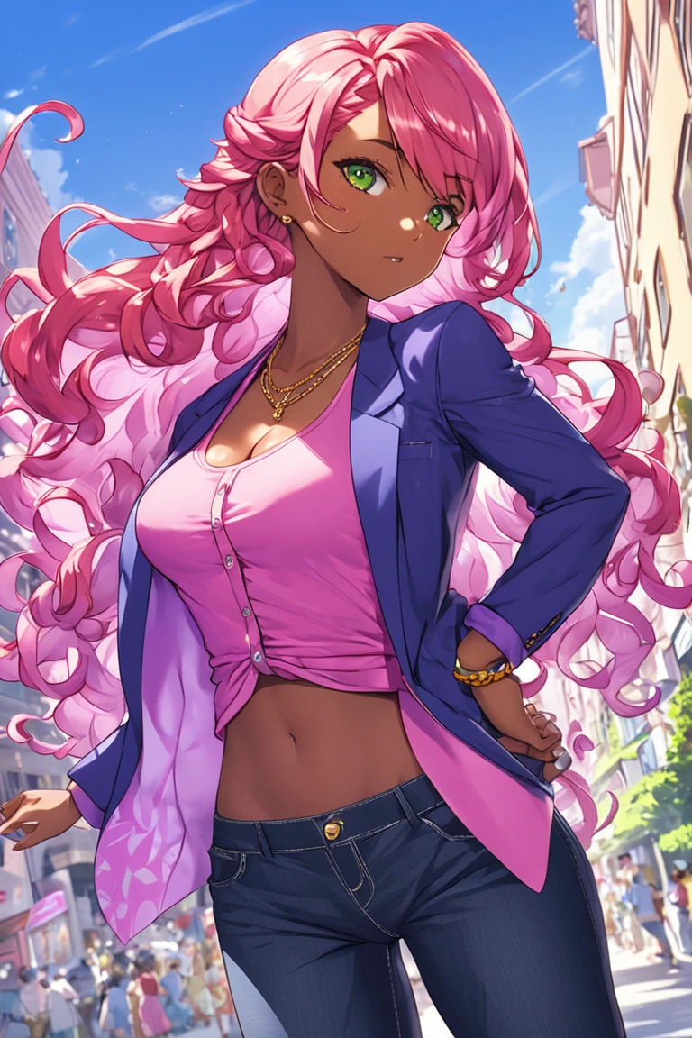 1girl, medium breast, anime screencap, pink hair, french braid, curly hair, long hair, high quality, Athletic Female Physique, green eyes, dark skin, (masterpiece:1.2), wearing a casual yet stylish outfit. She is dressed in a mustard blue blazer with rolled-up sleeves, a fitted purple tank top, high-waisted skinny jeans, and nude pointed-toe heels,masterpiece, best quality, very aesthetic, absurdres,Genshin style, vibrant colors, clean line art, intricate details, soft shading, cel shading, sharp silhouettes, smooth gradients, best quality, cinematic lighting