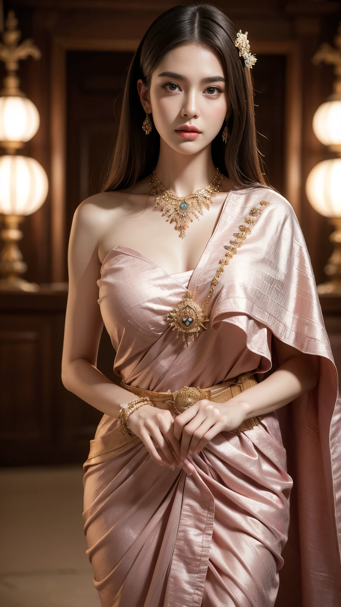 (raw photos:1.2), (realistic:1.4), (Masterpiece:1.3), (best quality:1.4), Ultra high resolution, (Detailed eyes), (Detailed facial features), (Detailed clothing features), HDR, 8K resolution, Focus only, Dressing according to Thai tradition, traditional shawl , 1 woman , Huge breasts, A gigantic rift, , big breast, fully grown breasts, Enhance your breasts to make them enormous., small waist, Long legs, Facing the audience, Full body, depth of field, Cinema-grade lighting, large breasts,