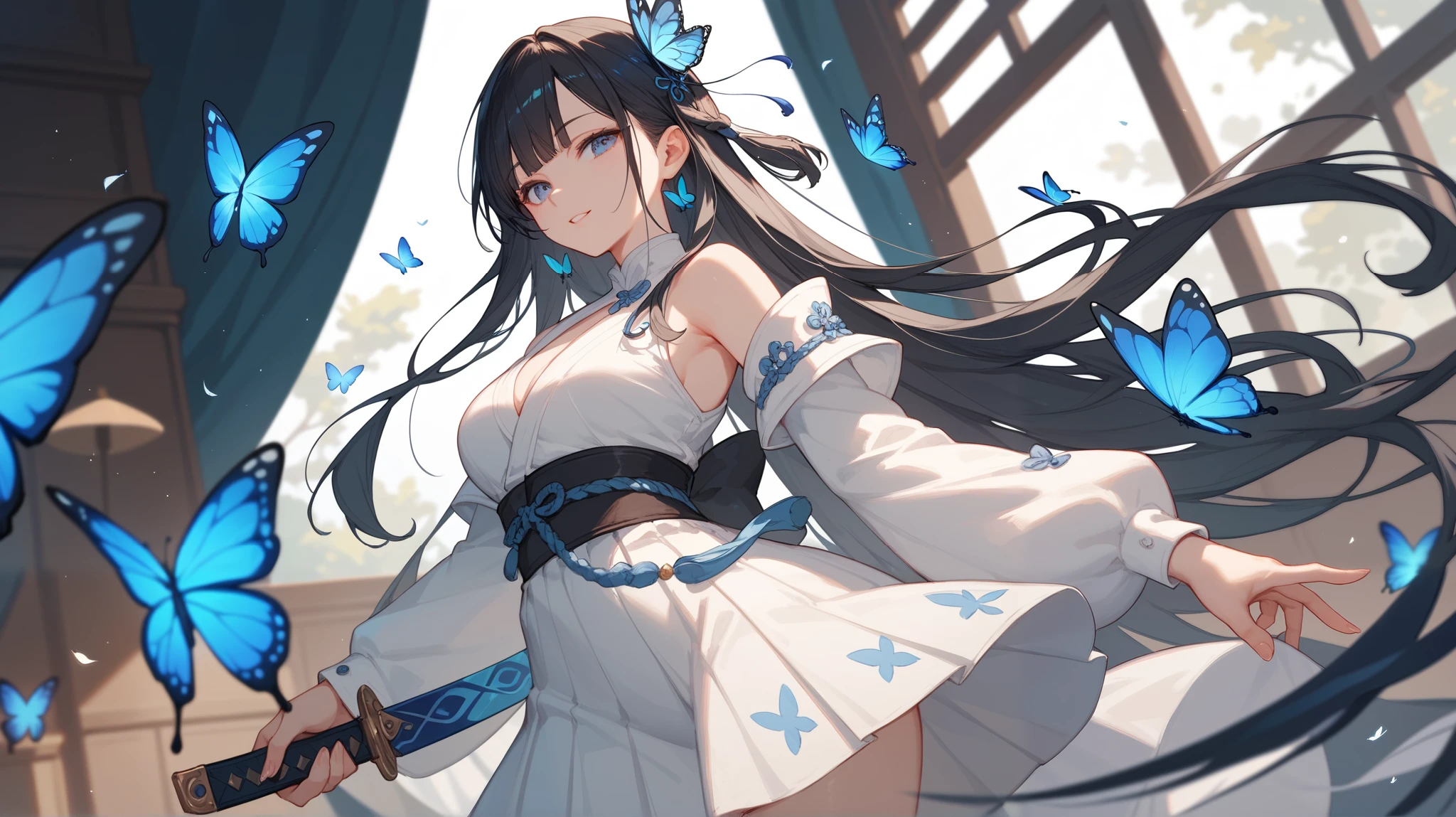 black hair long butterfly White clothes Japanese Knife