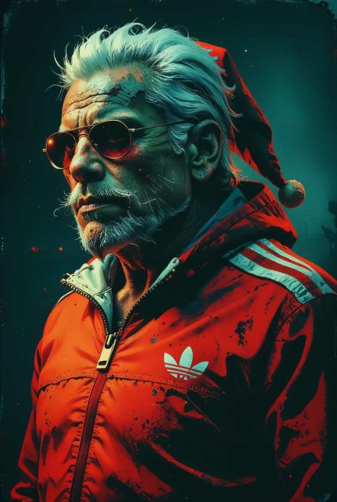  A brutal portrait of crime Santa Claus in a dramatic black and white manner.  tattoo ,  in red sportian Adidas costume in a gold chain and sunglasses .  One side of his litz is dimly lit ,  and the other half is hidden by a deep shadow .  The degeneration of his litz is mysteriously evil  , , his eyes hold a great secret .  Deep shadows hide his litzo ,   and the Adidas red suit is barely visible against the dark  . Surrounded by a whirlwind of snow and shadow . 