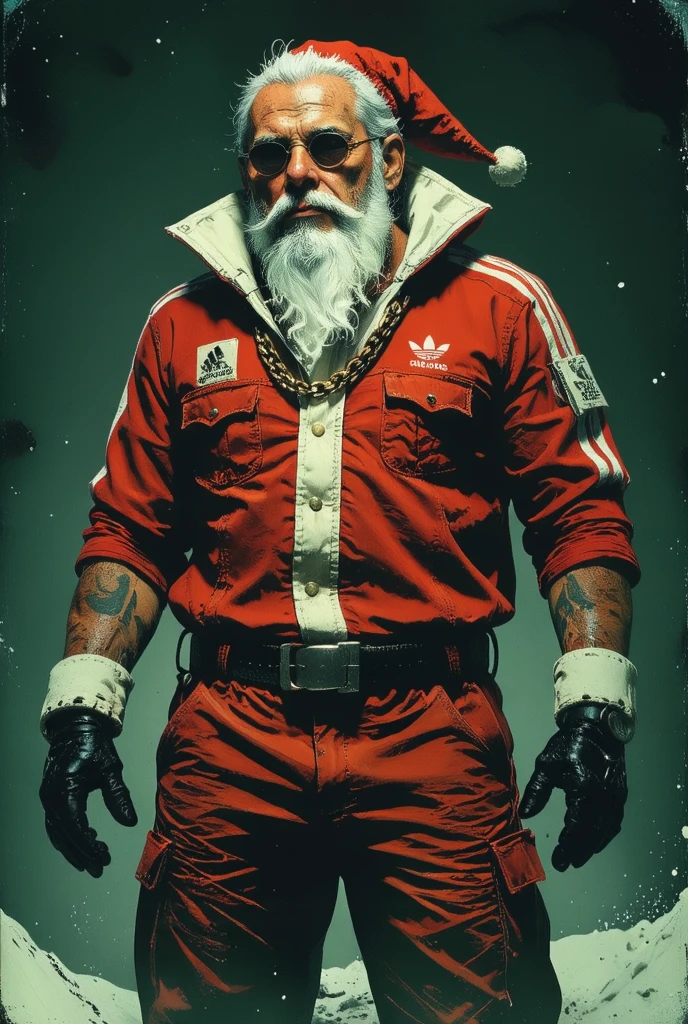  A brutal portrait of crime Santa Claus in a dramatic black and white manner.  tattoo ,  in red sportian Adidas costume in a gold chain and sunglasses .  One side of his litz is dimly lit ,  and the other half is hidden by a deep shadow .  The degeneration of his litz is mysteriously evil  , , his eyes hold a great secret .  Deep shadows hide his litzo ,   and the Adidas red suit is barely visible against the dark  . Surrounded by a whirlwind of snow and shadow . 