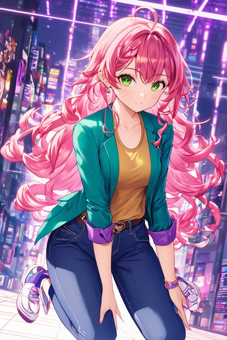 1girl, medium breast, anime screencap, pink hair, french braid, curly hair, long hair, high quality, Athletic Female Physique, green eyes, glowing skin, (masterpiece:1.2), wearing a casual yet stylish outfit. She is dressed in a mustard blue blazer with rolled-up sleeves, a fitted purple tank top, high-waisted skinny jeans, and nude pointed-toe heels,masterpiece, best quality, very aesthetic, absurdres,Genshin style, vibrant colors, clean line art, intricate details, soft shading, cel shading, sharp silhouettes, smooth gradients, best quality, cinematic lighting