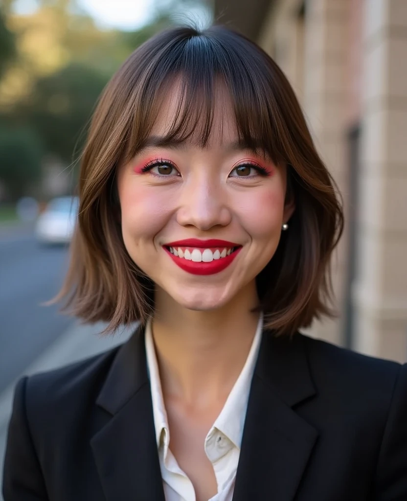 SS woman,face portrait,eyeshadow,lipstick,straight_hair,bangs,bob cut,kind_smile,road,business_suit,