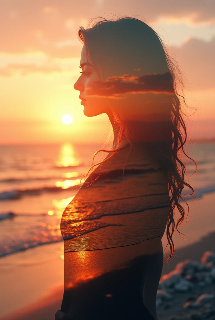 high quality, 8K Ultra HD, A beautiful double exposure that combines an goddess silhouette with sunset coast, sunset coast should serve as the underlying backdrop, with its details incorporated into the goddess , crisp lines, The background is monochrome, sharp focus, double exposure, awesome full color