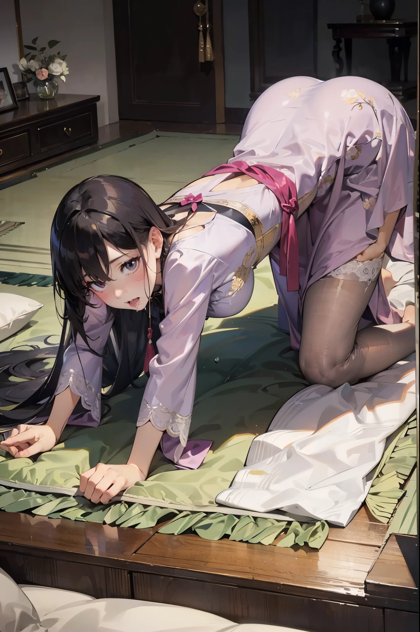 nsfw,girl,Japanese style,Japanese Pattern,Black Hair,Long Hair,masterpiece, best quality, very aesthetic, absurdres,Gold and Black,Gold Leaf,Japanese styleの背景,Dragon print,Fluttering Kimono,Butt,bare ass,広げたButt,unfastened,Solved,face between legs, between_Legs,Loincloth