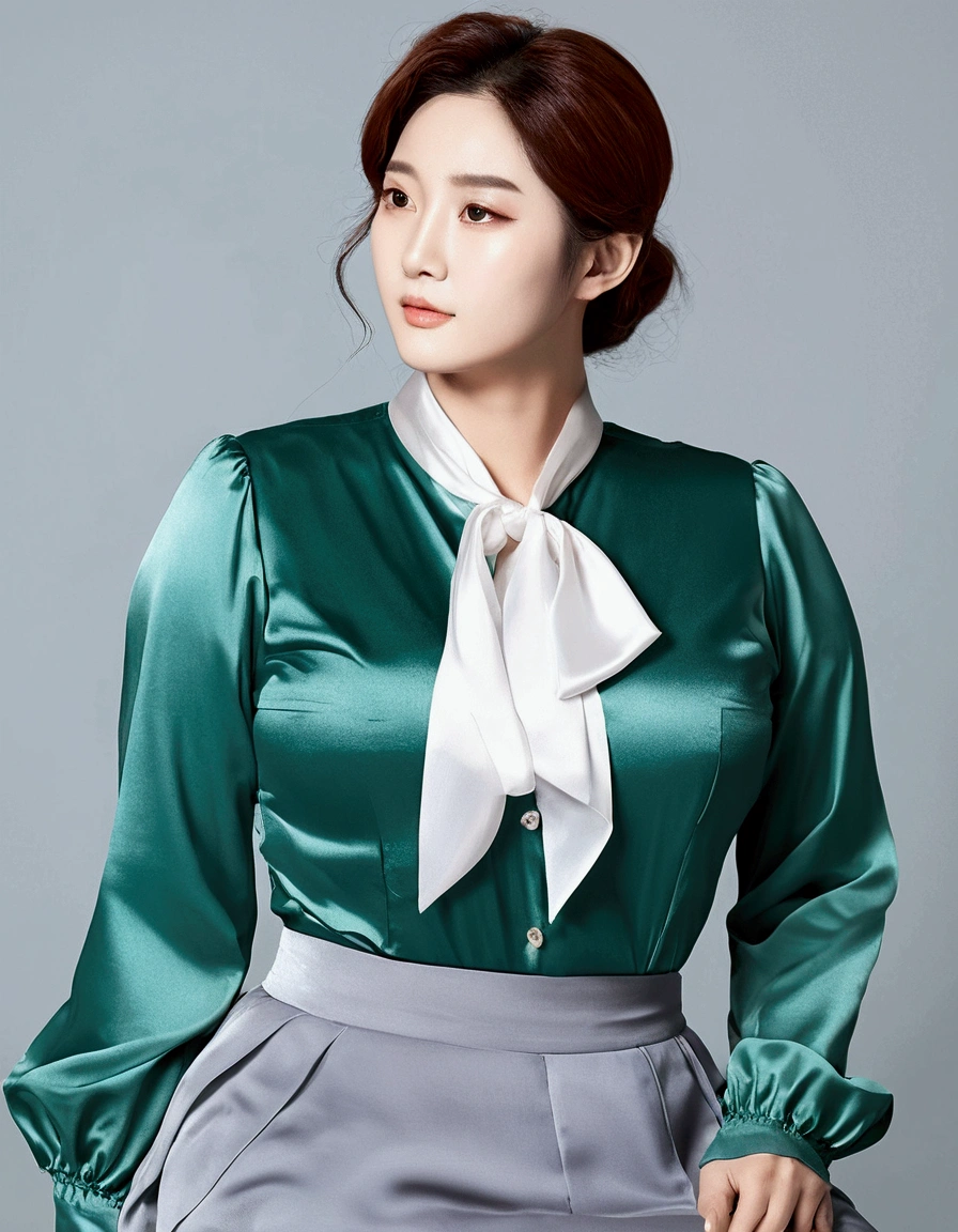 A Korean man had surgery to change his body from male to female, his body is completely female, he has big breasts like a woman, but his face is not changed and still looks like a man, His hair is still manly and short, He is wearing ladies' clothing, a long-sleeved silk blouse and mermaid skirt, White blouse and gray skirt, sit quietly