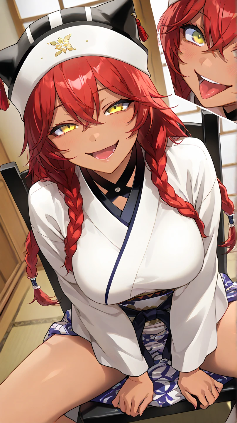 ,  High Quality , 最 High Quality , masterpiece,  high res, detailed face , anatomically correct , 
 yellow eyes,  red hair,  braids,,  wearing a black beast ear hat , 1 girl, solo, Dark Skin, brown skin, adult woman, Beautiful Women,Beauty,
Inside a Japanese house(Japanese-style room),sadist
Samurai , white kimono on top (Cloud pattern kimono ),

Sitting with the chair facing backwards, Sitting across a chair with legs spread left and right,

 close-up, from your hand and direct your gaze, Medium build,accurate, slightly larger breasts,
smile, ecstatic expression beside the piano,excited, tongue, open her mouth ,mischievous personality , seductive smile ,Her eyes are frowning ,Up to the thighs,Draw her in a larger size,Crazy look, mischievous face , teasing viewers
high angle, An Angle from Above
I'm staring at me, frowns, staring with thin eyelids,Eyes on garbage, contemptuous eyes , murderous eyes